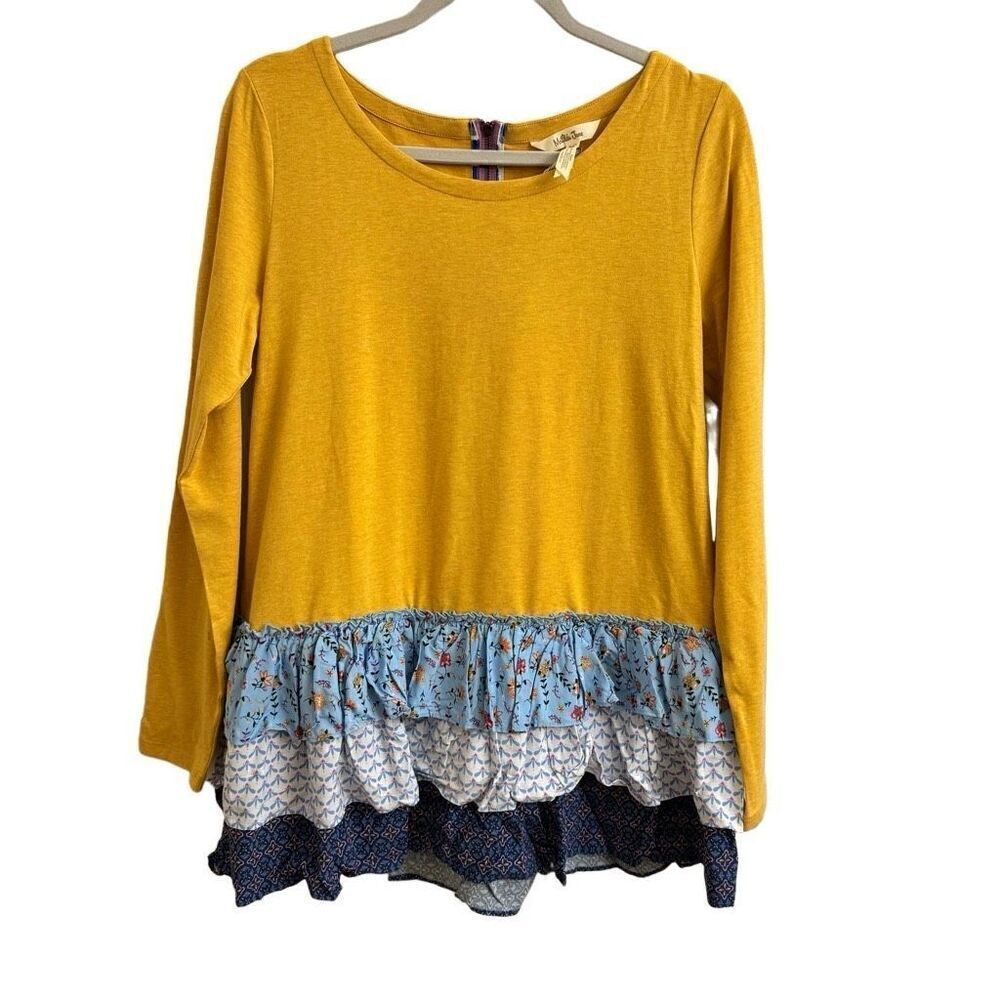 Matilda Jane Weekend Vibes Top Mustard Yellow Floral Ruffles Size Medium NEW